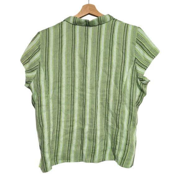 Habitat Clothes Linen Shirt Green Art Stripe Button Cap Sleeve Women Size M - Picture 2 of 5